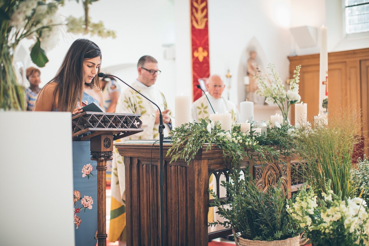 altar decoration with greens and candles